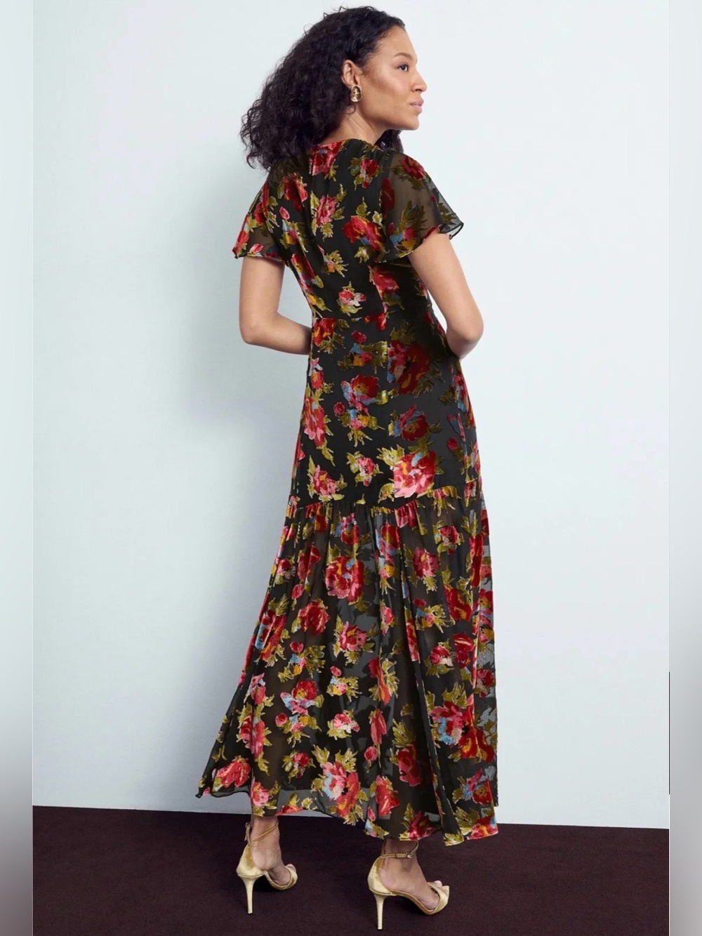 Rixo Velvet Floral Gown Floral Maxi Dress with Flutter Sleeves Sz 4 - Picture 5 of 15